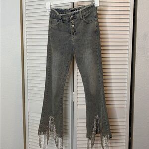 Gray Flared Jeans with Rhinestone Fringe